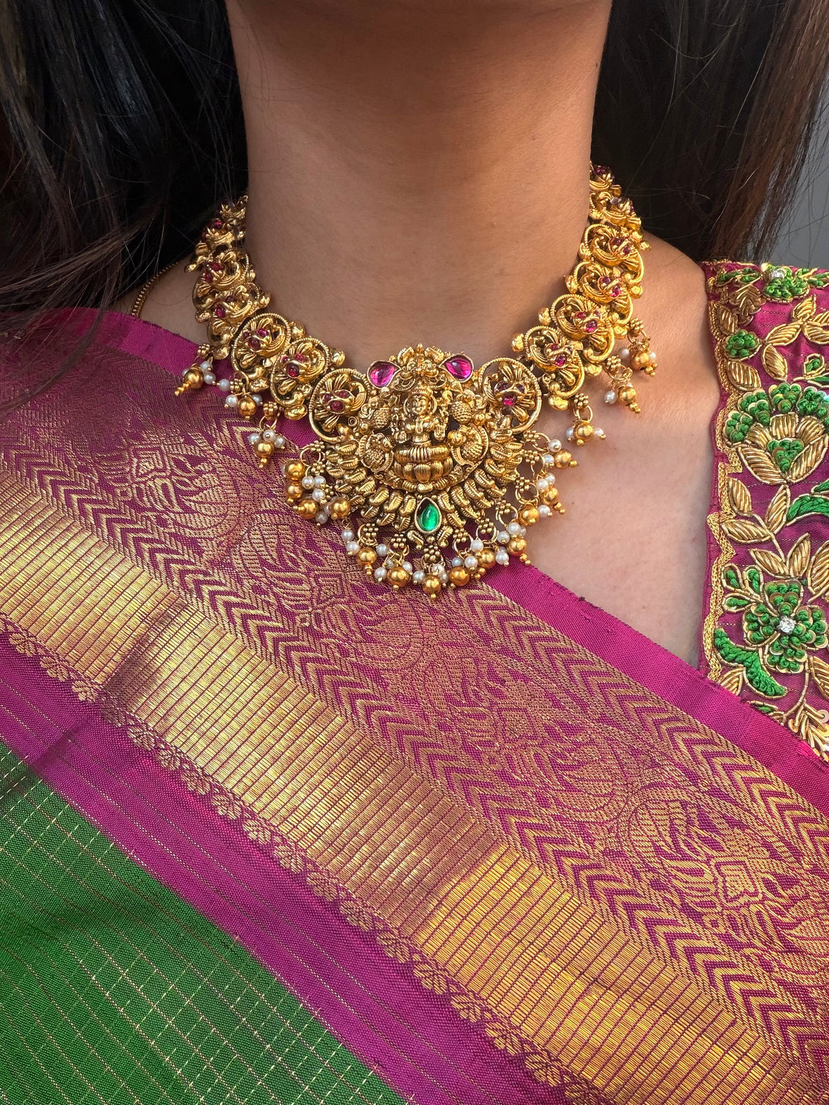 Lakshmi with pink Kundan necklace