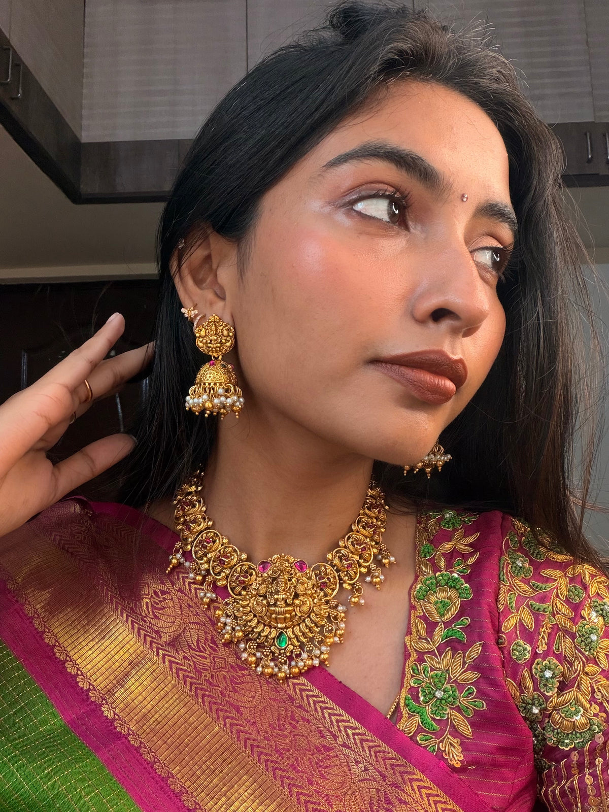 Lakshmi with pink Kundan necklace