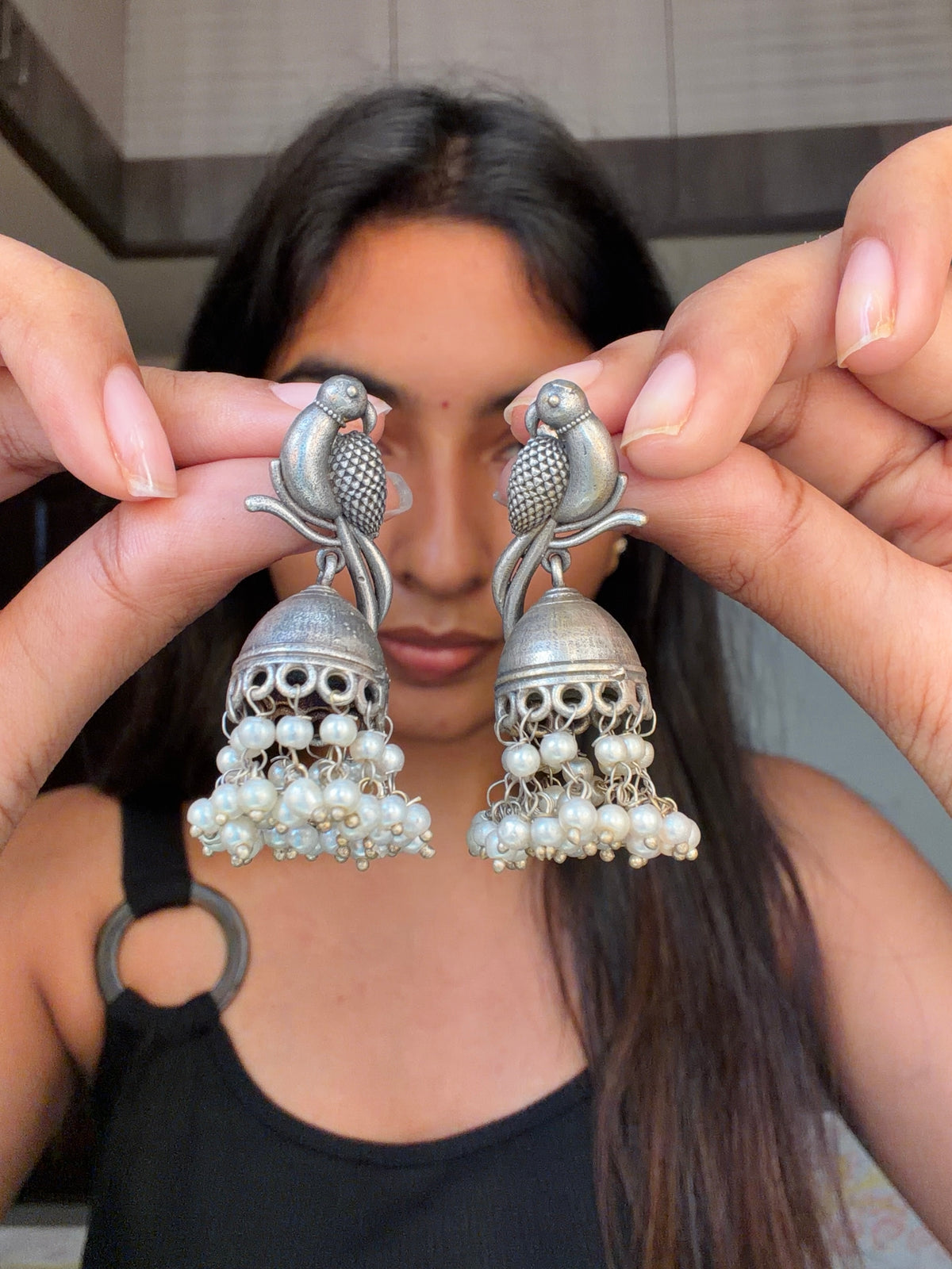 Parrot oxidised Jhumka