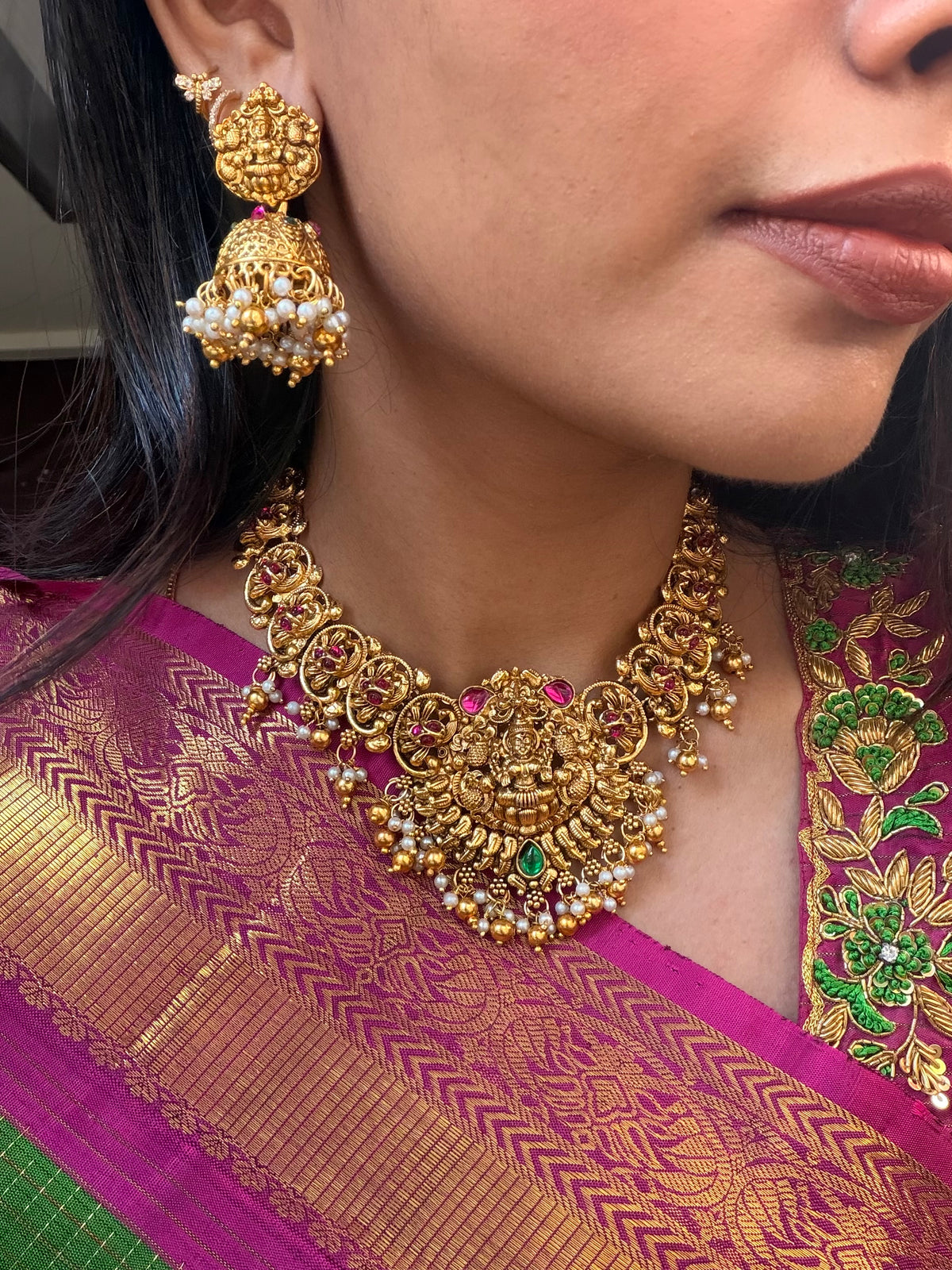Lakshmi with pink Kundan necklace