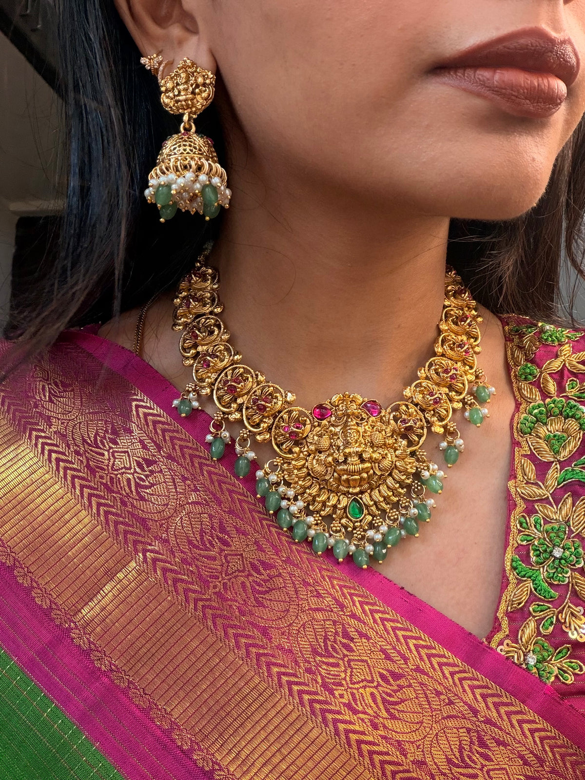 Lakshmi with pink Kundan necklace