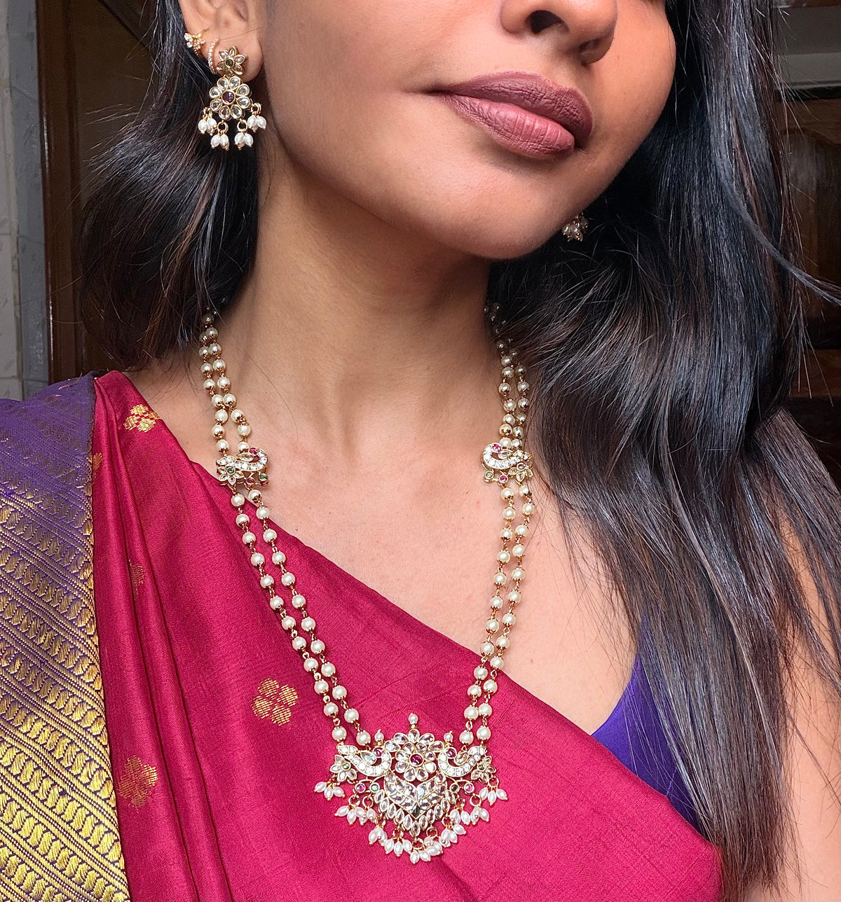 Medium length pearl chain with stone work dollar set